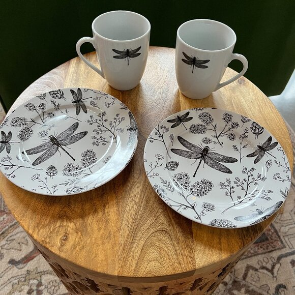 Coffee & Treats For Two (Mugs and Plates for two) Dragonfly Botanical Floral - Picture 1 of 6